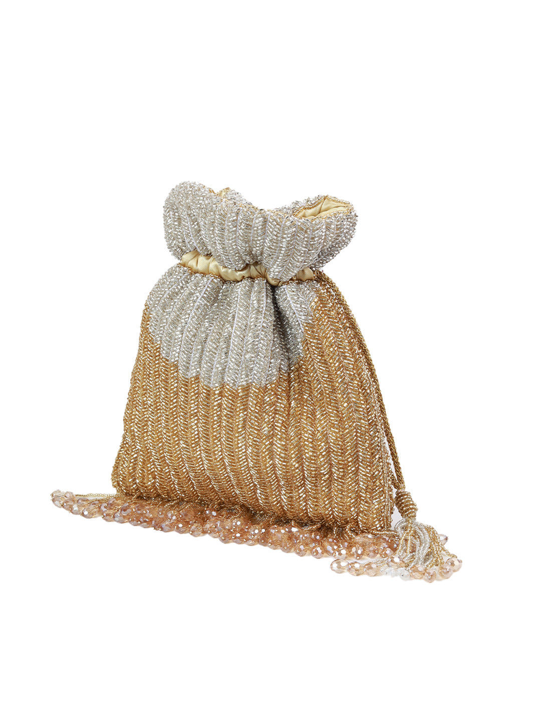 Aarna Gold Potli Bag from The Tan Clan featuring intricate embroidery and a drawstring closure, perfect for traditional occasions.