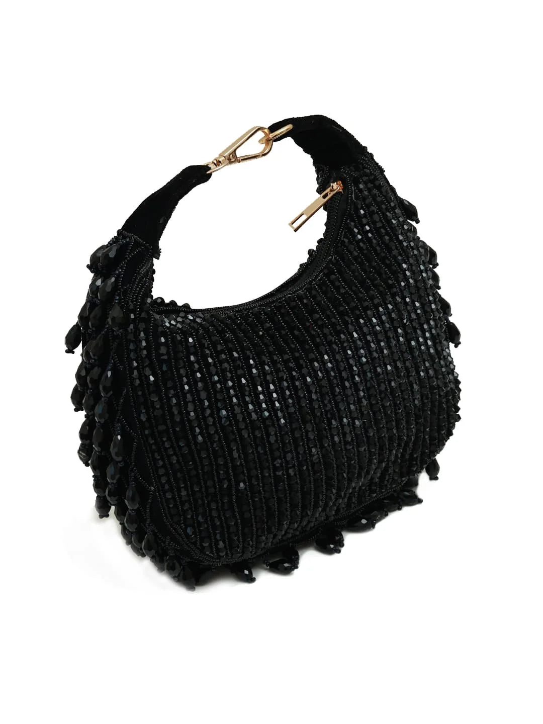 Black beaded handbag with gold clasp on a white background