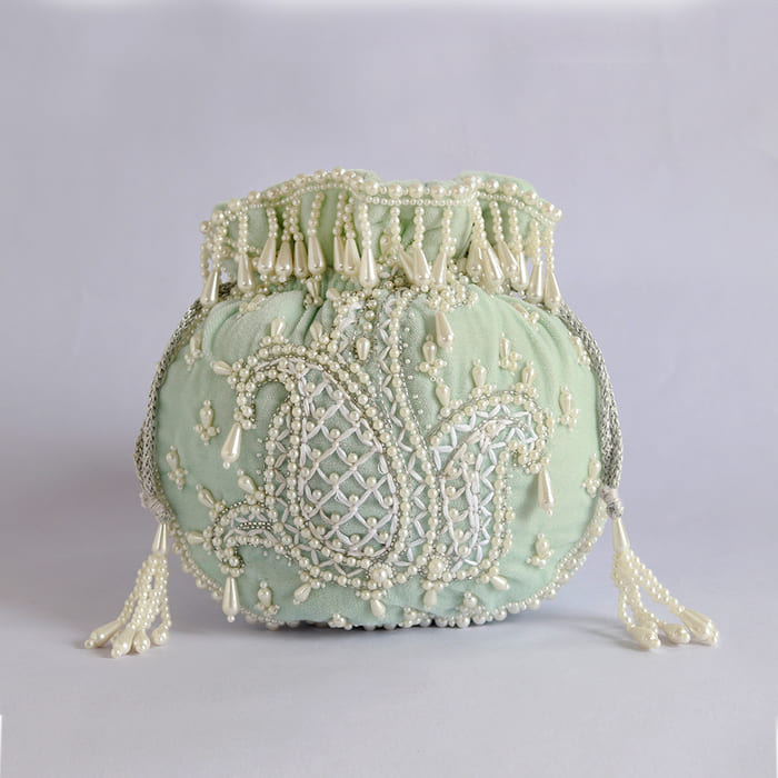 Sukoon Hand Embroidered Potli with Pearl Handle - Blue