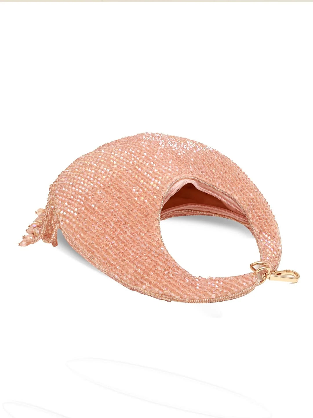 Pink glittery clutch bag on a white background