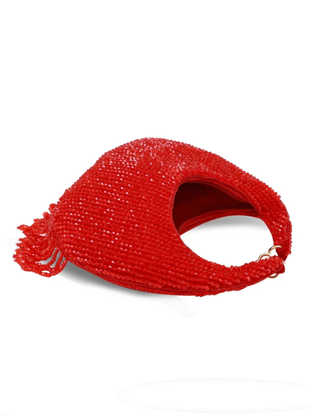 Red beaded handbag on a white background