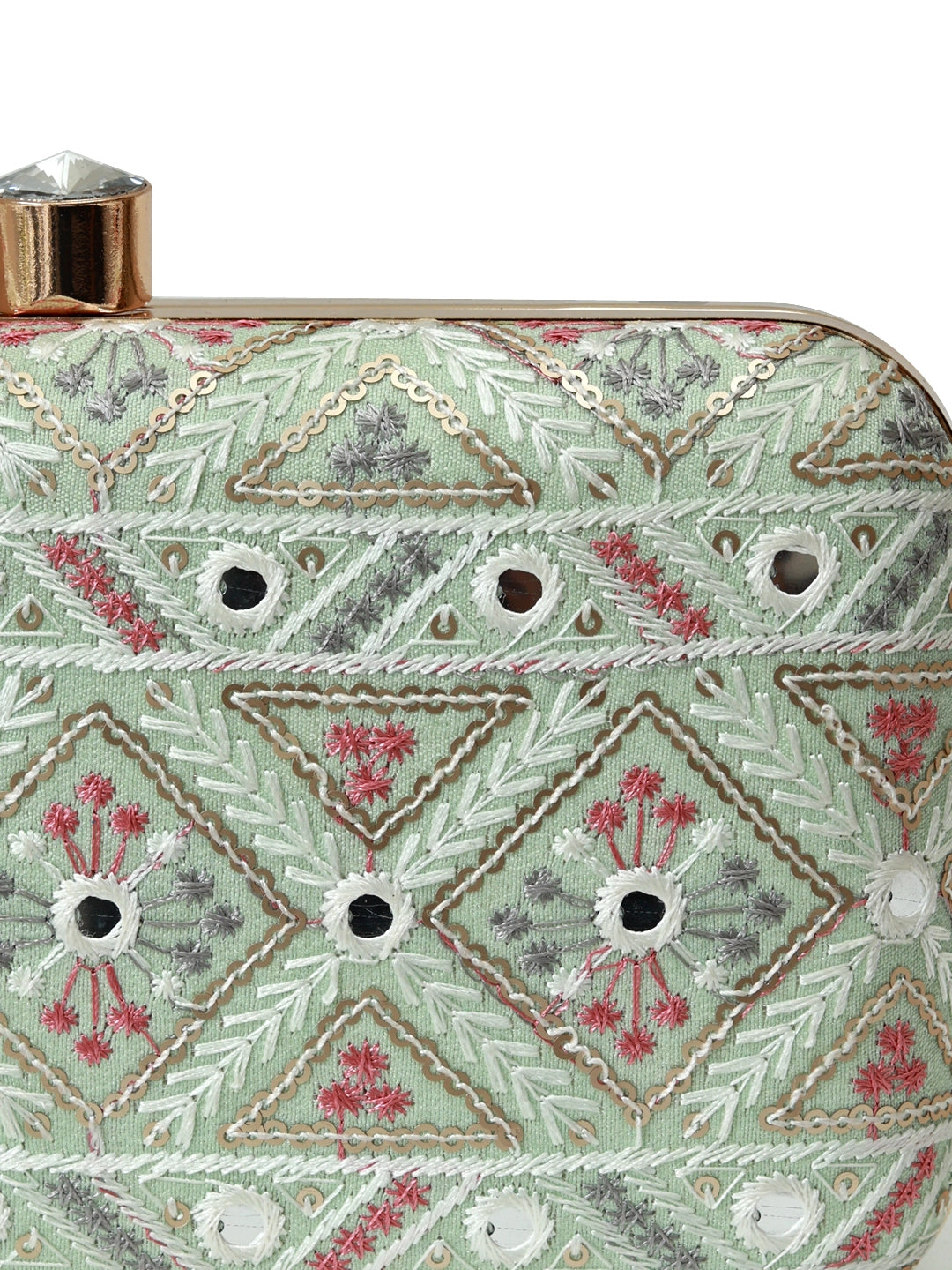 Green box clutch by The Tan Clan with geometric design, featuring a sleek and compact style for evening or special occasions.