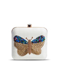 Nigah White Square Hand Embroidered Butterfly Clutch