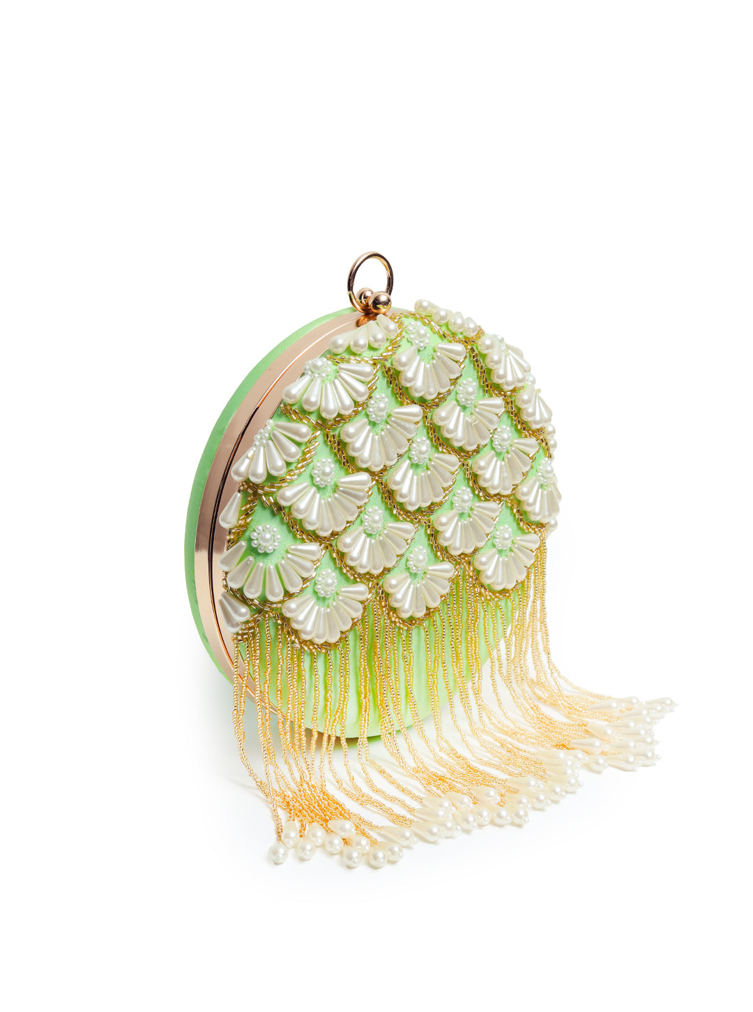 Irsa round hand-embroidered clutch with tassels by The Tan Clan, featuring intricate embroidery and a stylish compact design.