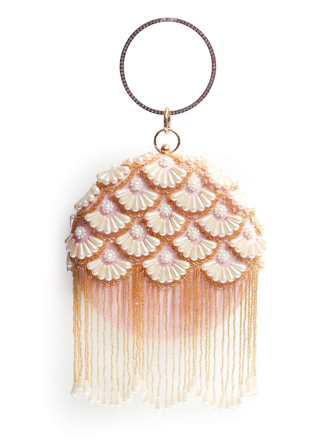 Round hand-embroidered clutch with tassels by The Tan Clan, featuring intricate embroidery and colorful decorative details.