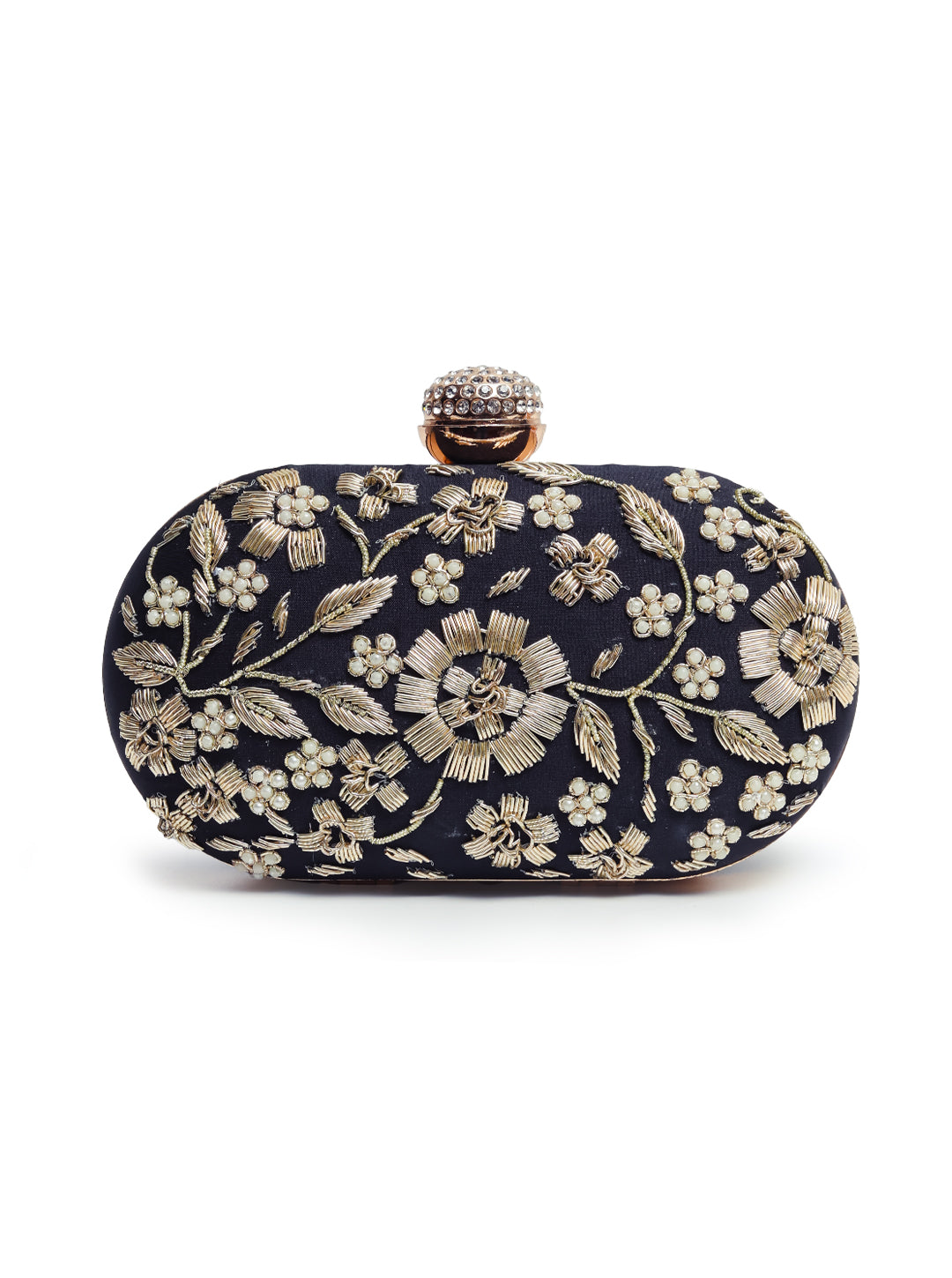 Hand-embroidered Baiza Zardozi clutch bag by The Tan Clan featuring intricate traditional embroidery and a sleek design.