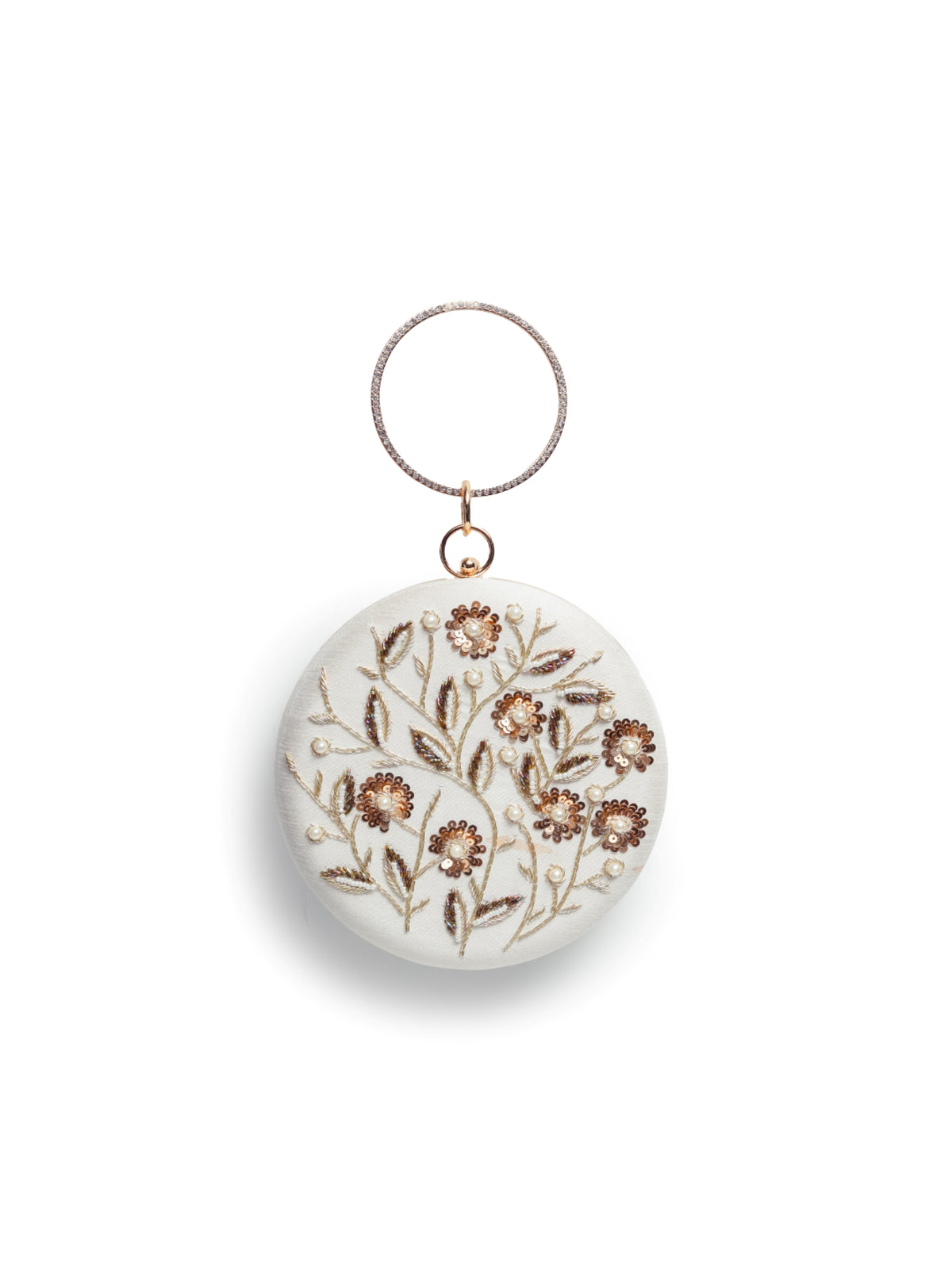 White round clutch bag with hand embroidery and the Falaq design from The Tan Clan, featuring intricate embroidery details.