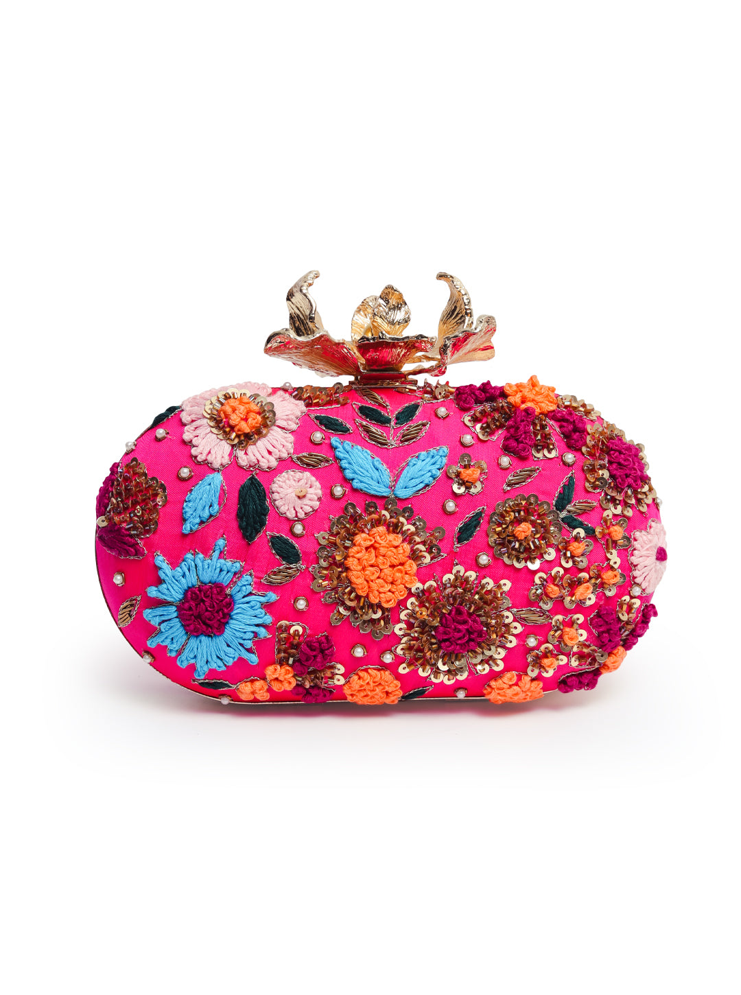 Flora Resham Hand Embroidered Clutch by The Tan Clan featuring intricate floral embroidery and traditional craftsmanship.
