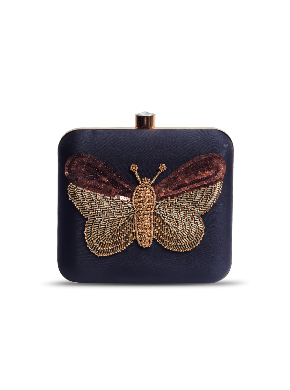 Nigah Black Square Hand Embroidered Butterfly Clutch