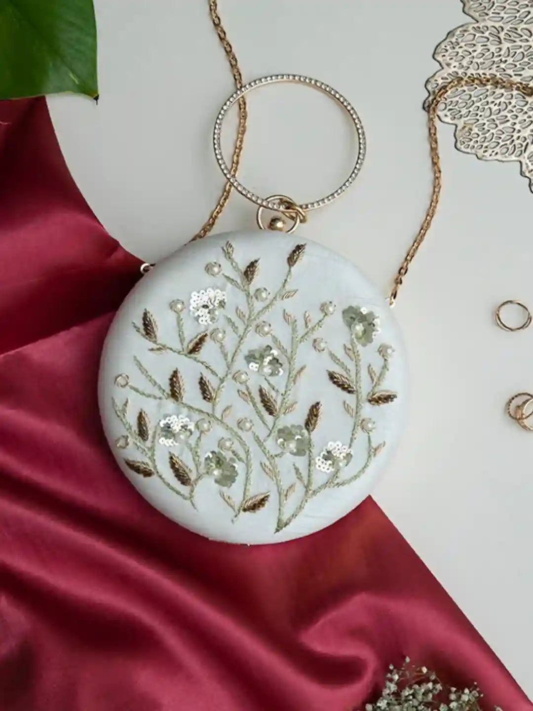 Falaq White Round Hand Embroidered Clutch