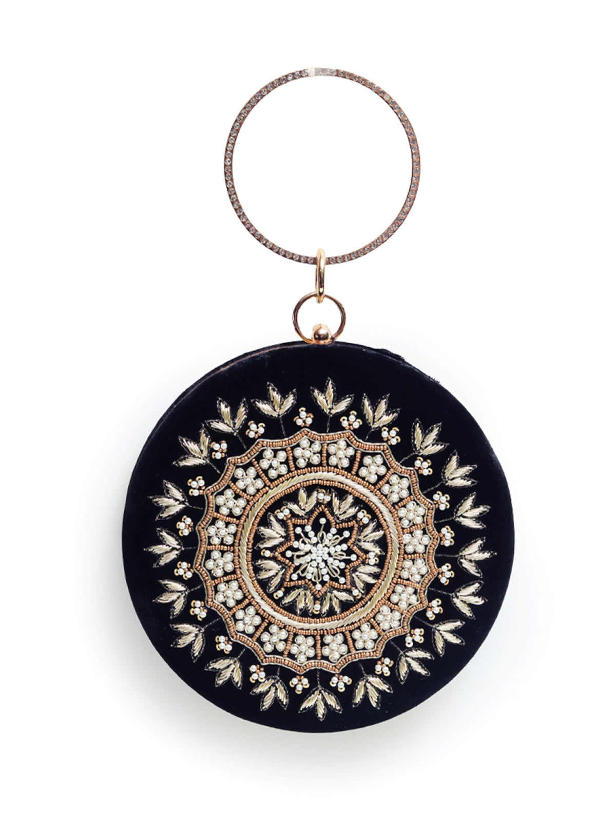 Hand embroidered Ifrah round clutch bag by The Tan Clan featuring intricate embroidery and a compact, stylish design.