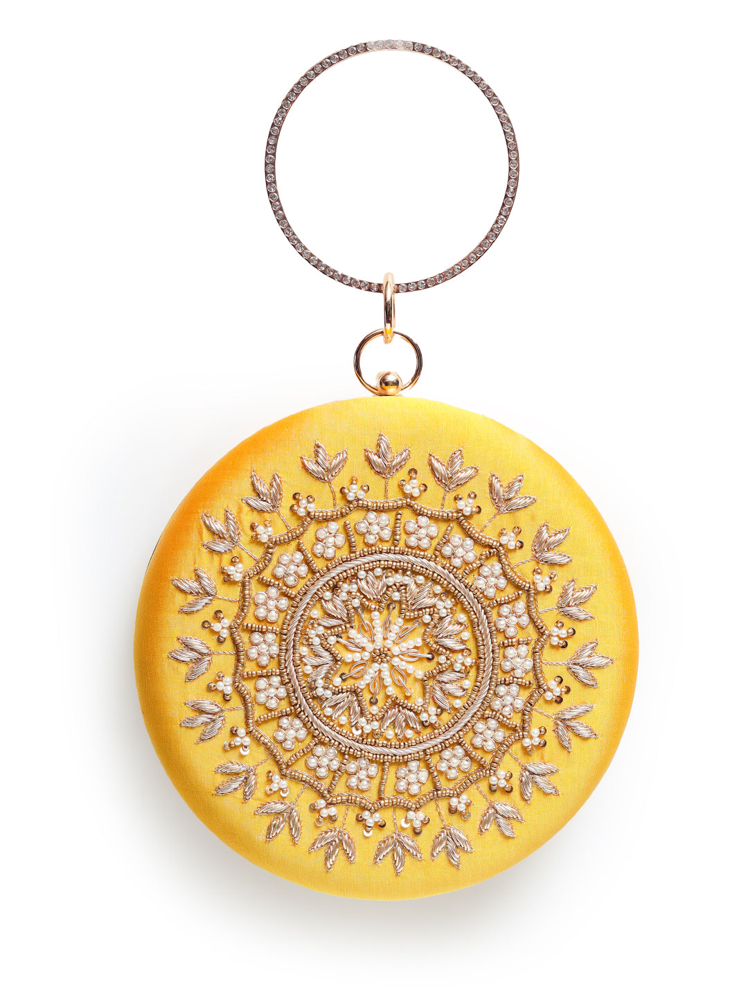 Yellow round clutch bag with intricate hand embroidery by The Tan Clan, featuring a vibrant, detailed design on the front.