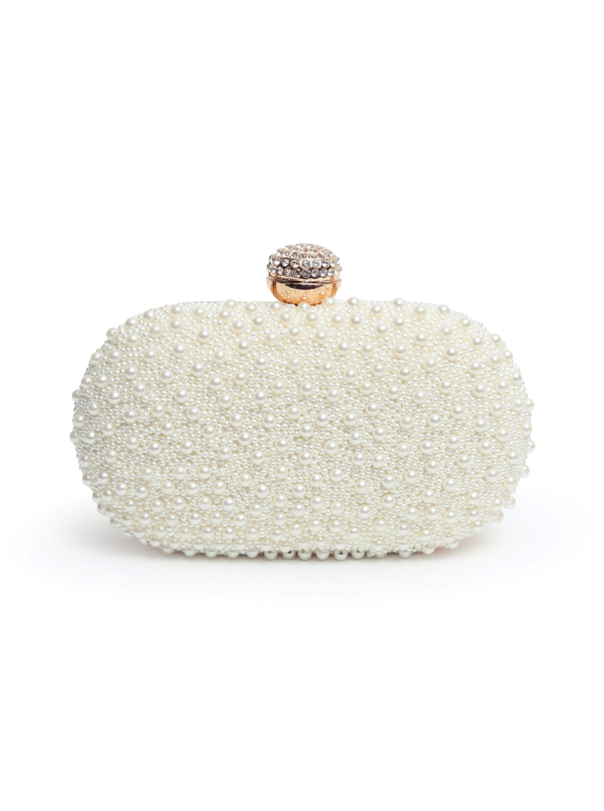White pearl hand-embroidered clutch bag by The Tan Clan featuring intricate embroidery and elegant design.