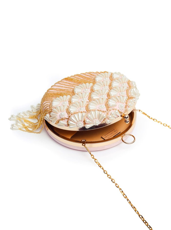 Irsa Round Hand Embroidered Clutch with Tassles