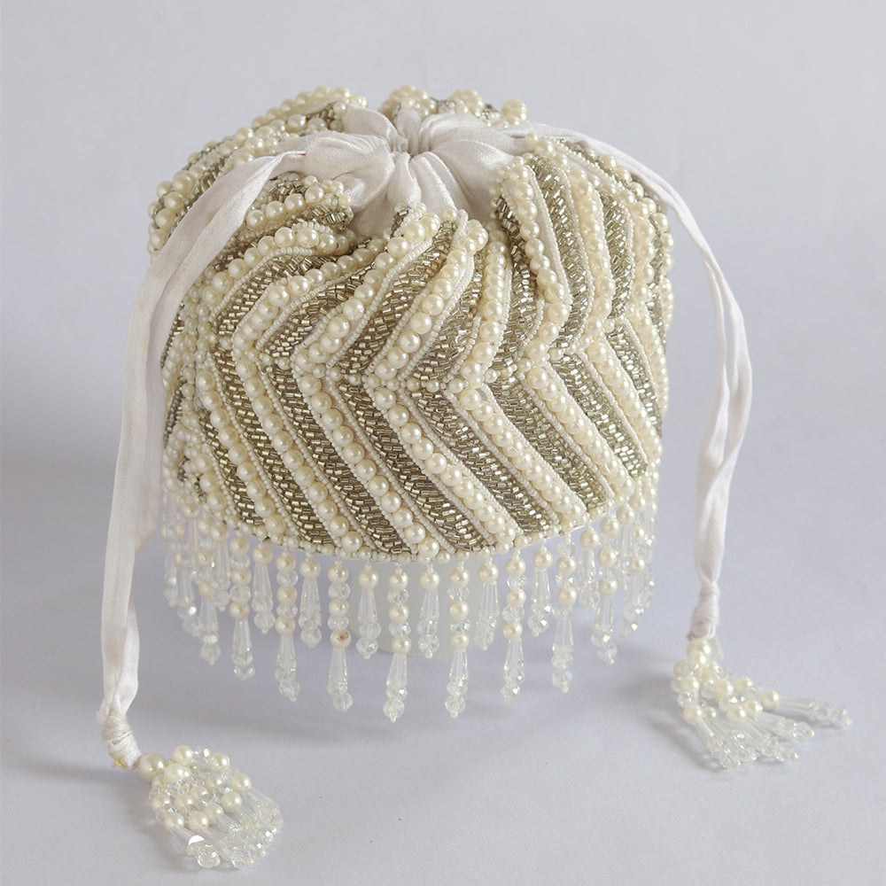 Petite embroidered mini potli bag with glass bead hangings by The Tan Clan, featuring intricate embroidery and decorative embellishments.