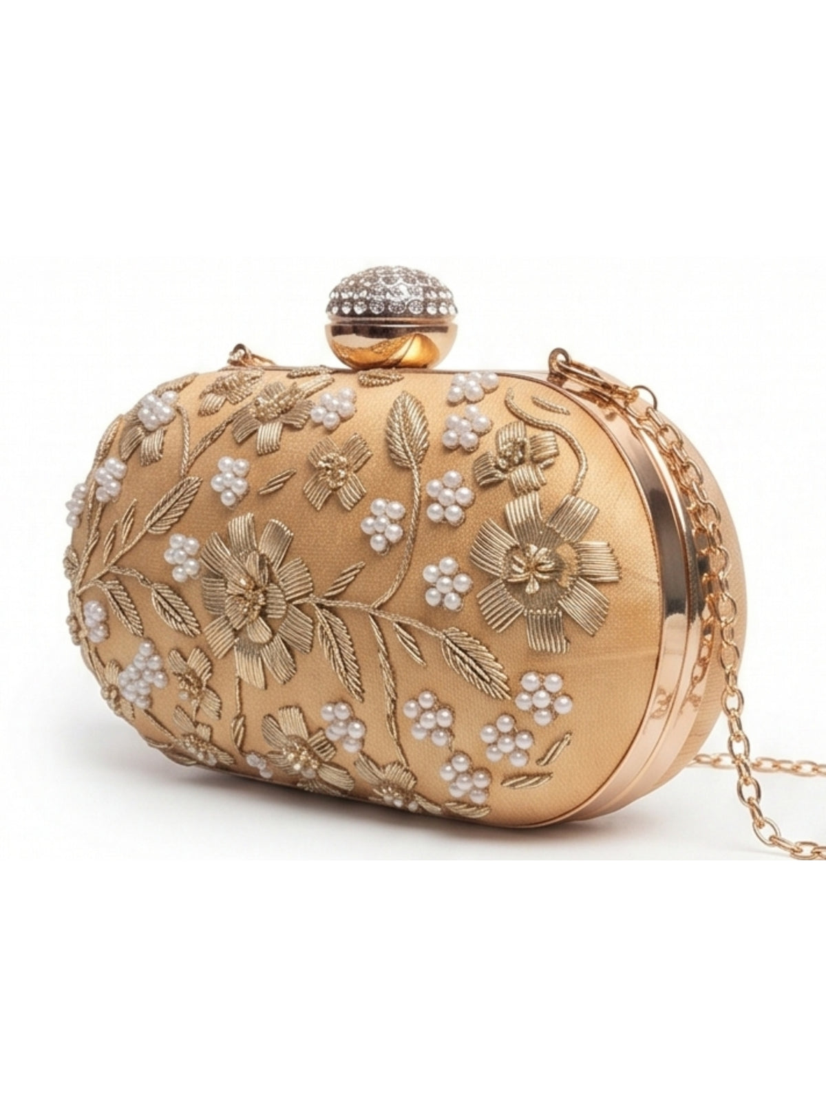 Baiza Zardozi hand-embroidered clutch purse with intricate gold embroidery and traditional design, showcasing craftsmanship and elegance.
