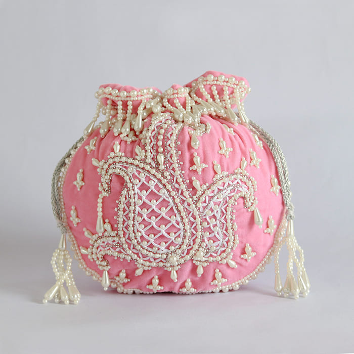 Sukoon Hand Embroidered Potli with Pearl Handle - Pink