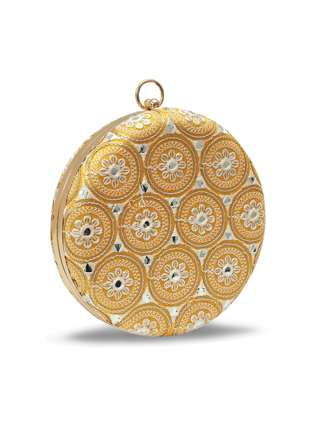 Yellow round clutch bag by The Tan Clan with a smooth surface and compact design, perfect for stylish evening accessories.