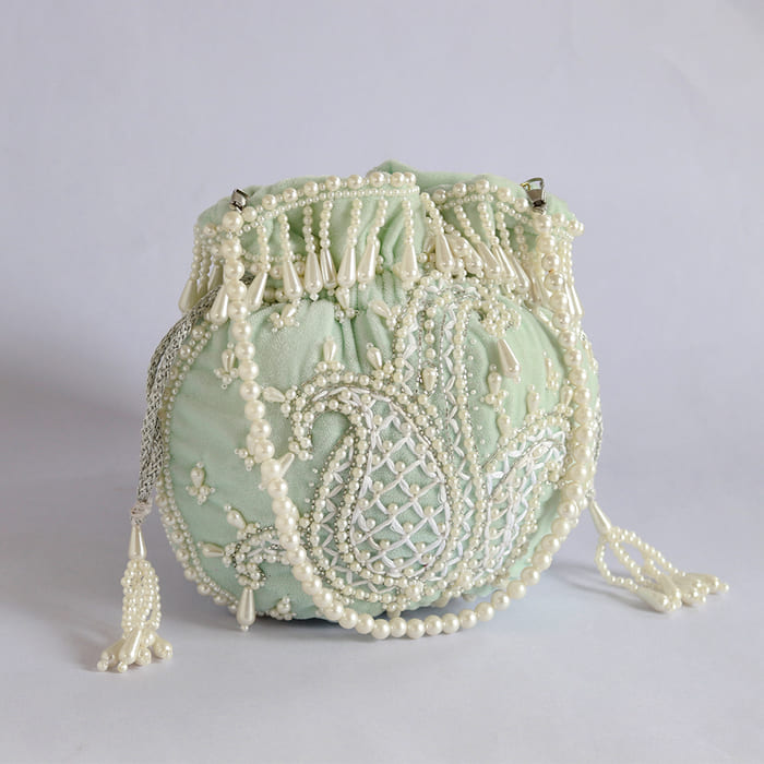 Sukoon Hand Embroidered Potli with Pearl Handle - Blue