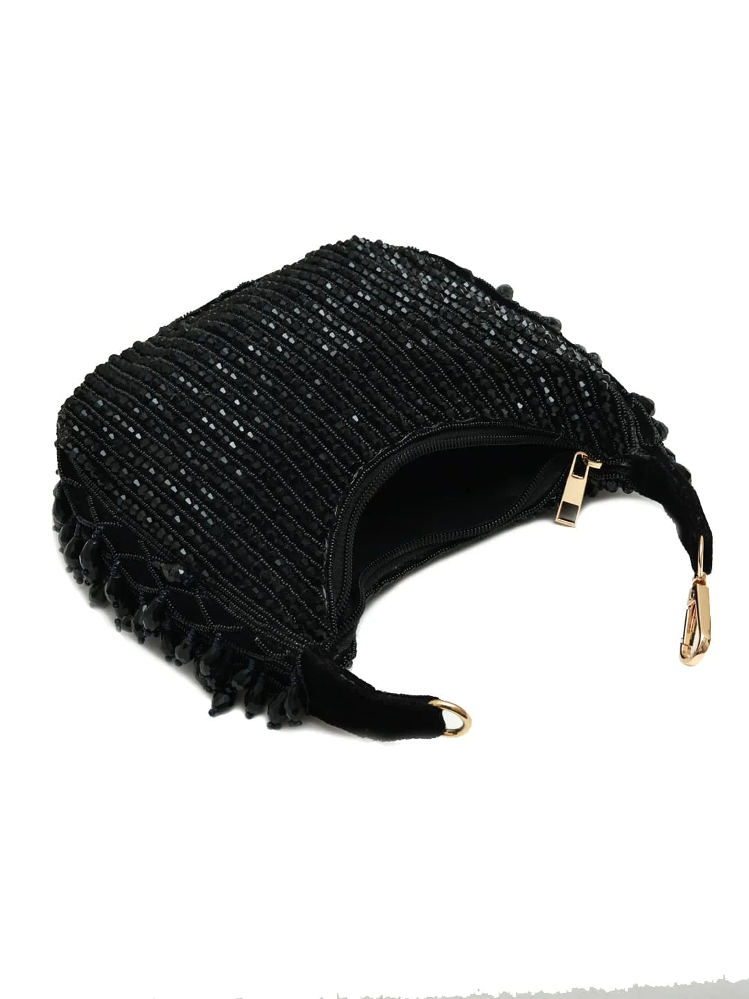 Black beaded clutch bag with gold accents on a white background