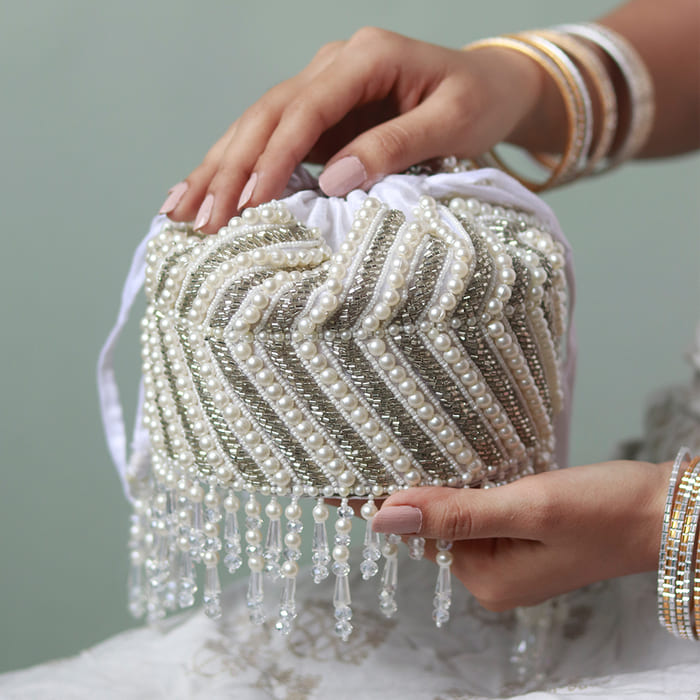 Petite Embroidered Mini Potli with Glass Bead Hangings