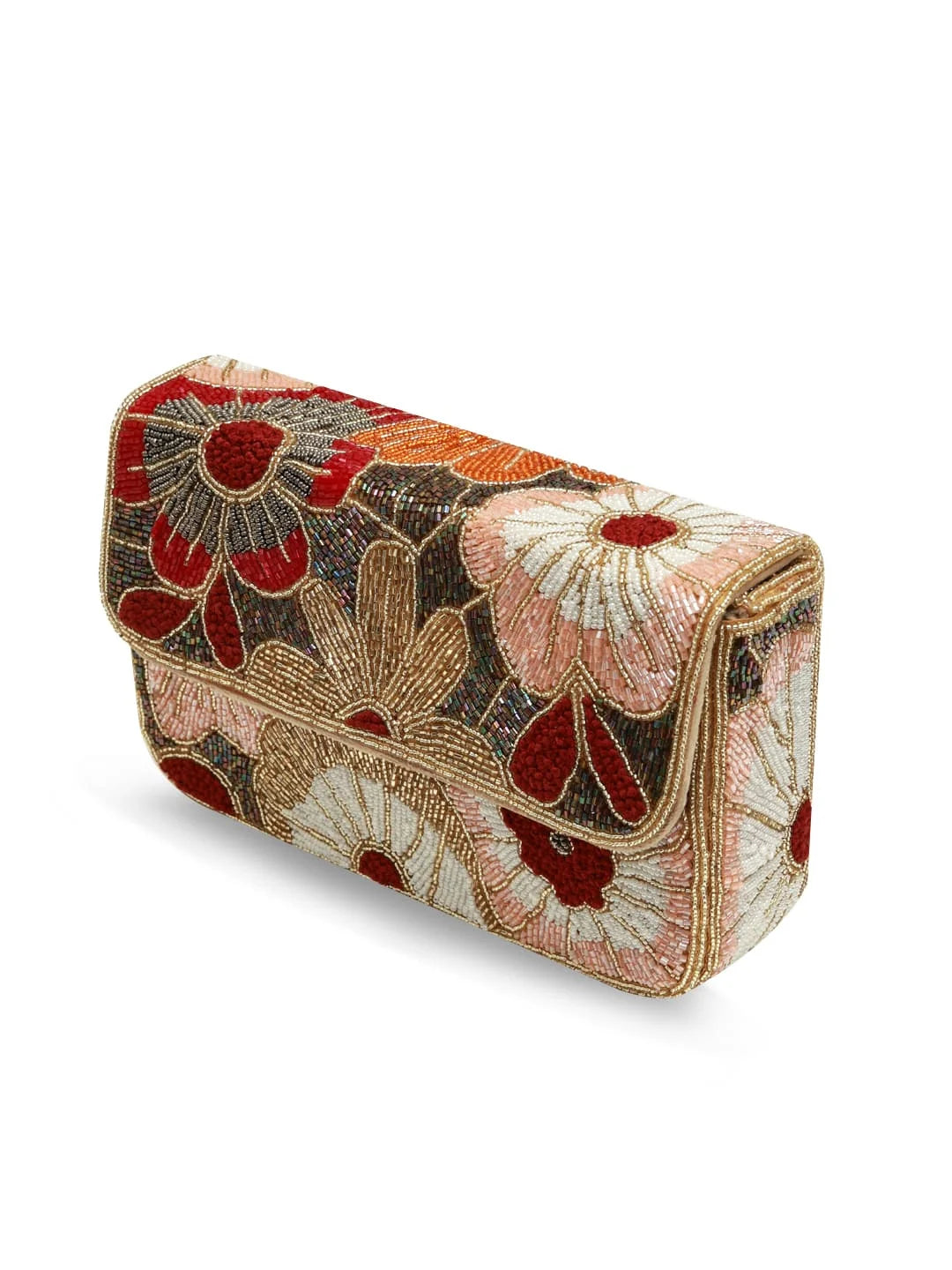 Floral patterned clutch bag on a white background