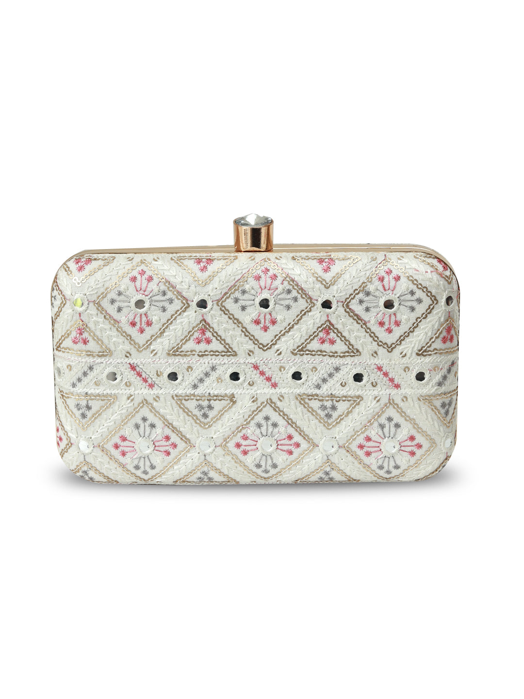 White box clutch by The Tan Clan with gold clasp and sleek design, perfect for elegant evening occasions.