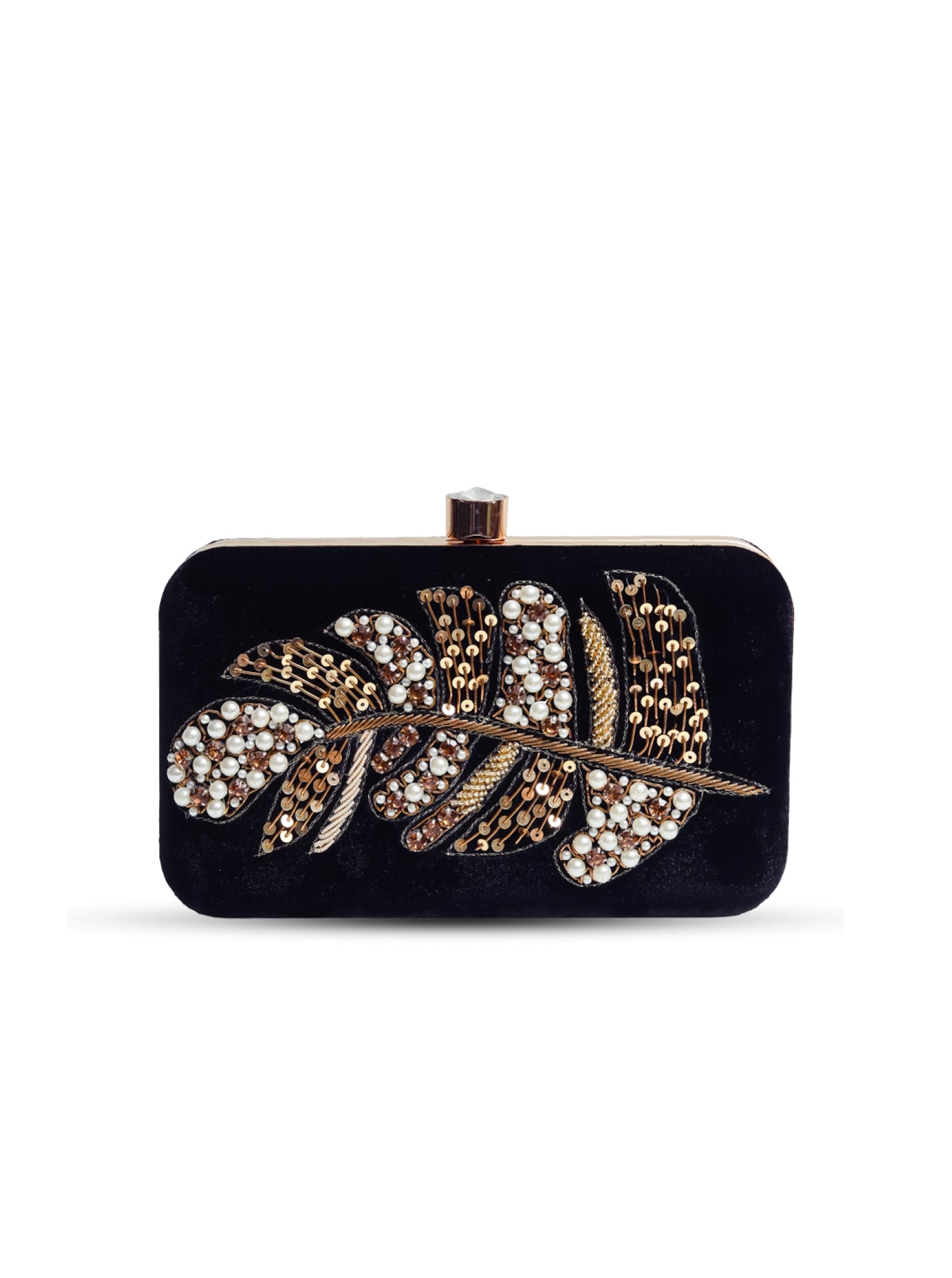 Afrah hand embroidered leaf clutch by The Tan Clan featuring intricate leaf designs and colorful embroidery on fabric.