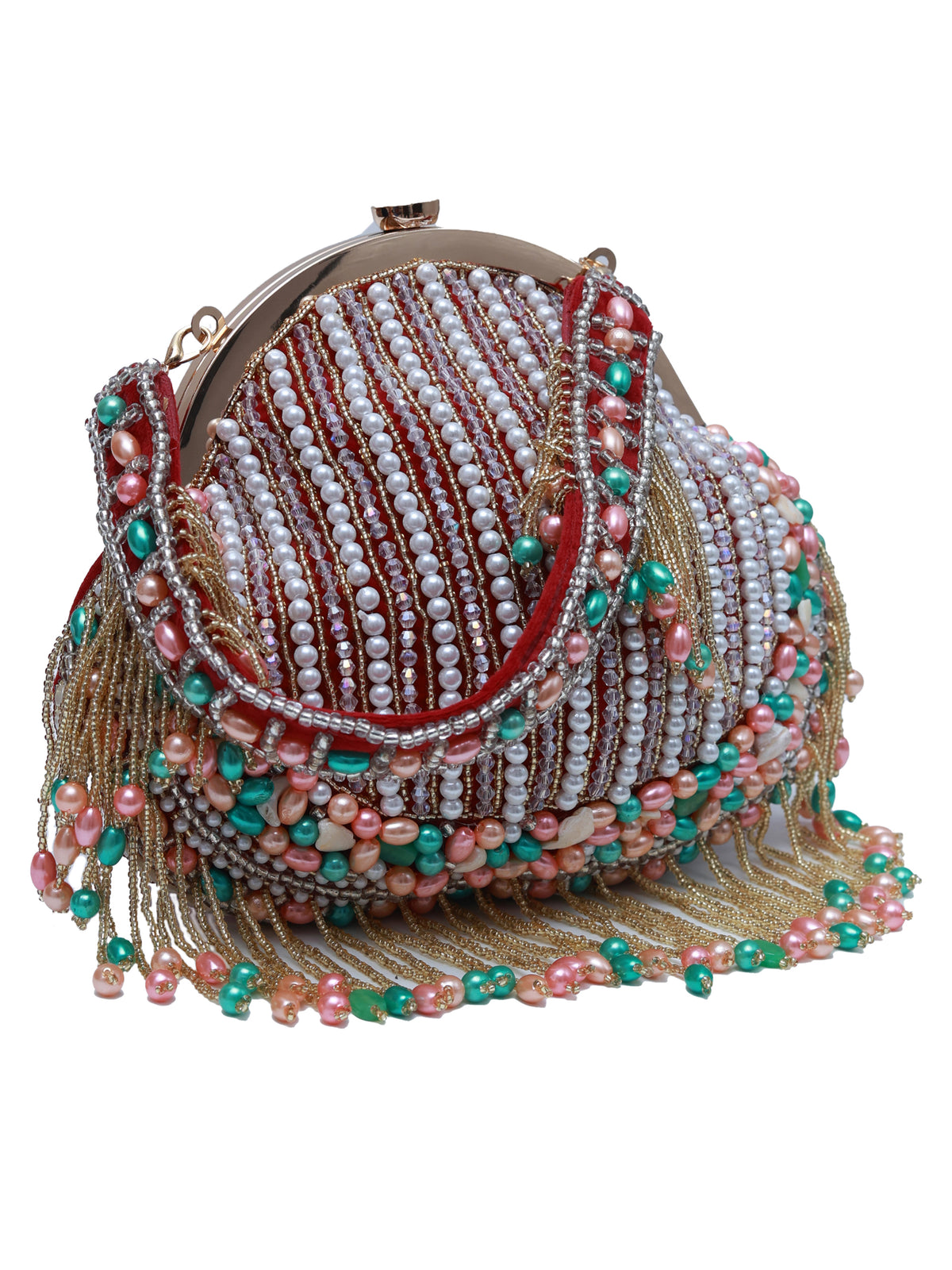 Pearl tasselled batua bag with detachable handle by The Tan Clan, featuring intricate traditional embroidery and a compact design.