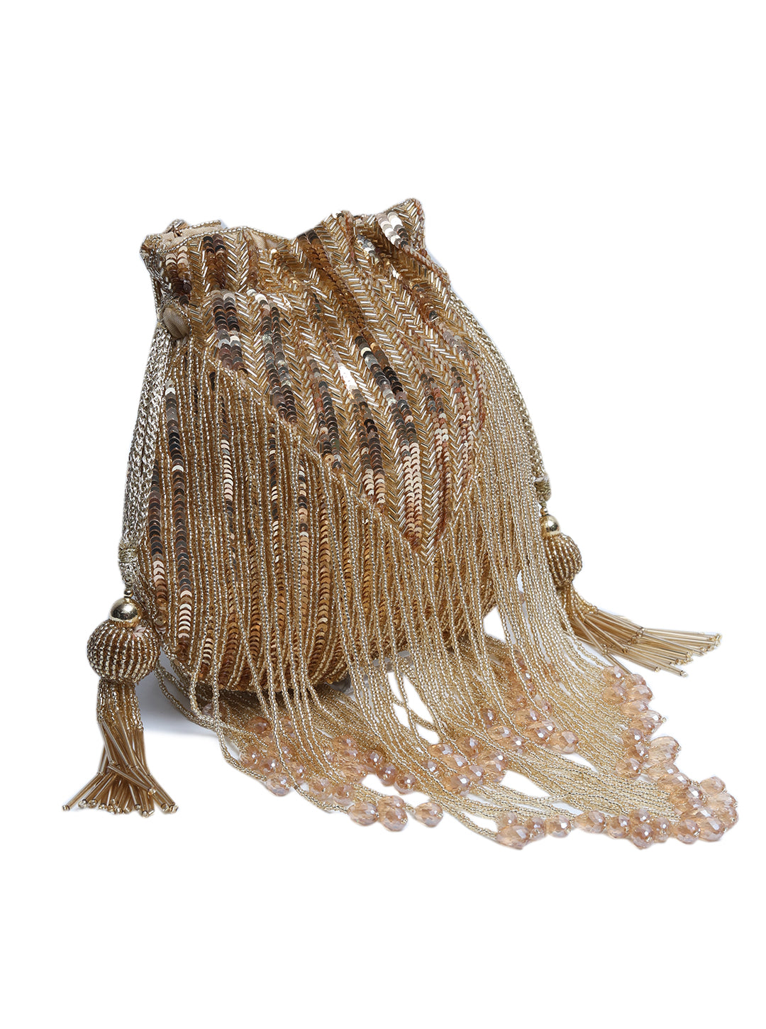 THE TAN CLAN Twinkle Heavy Tassles Potli with Handle - Gold