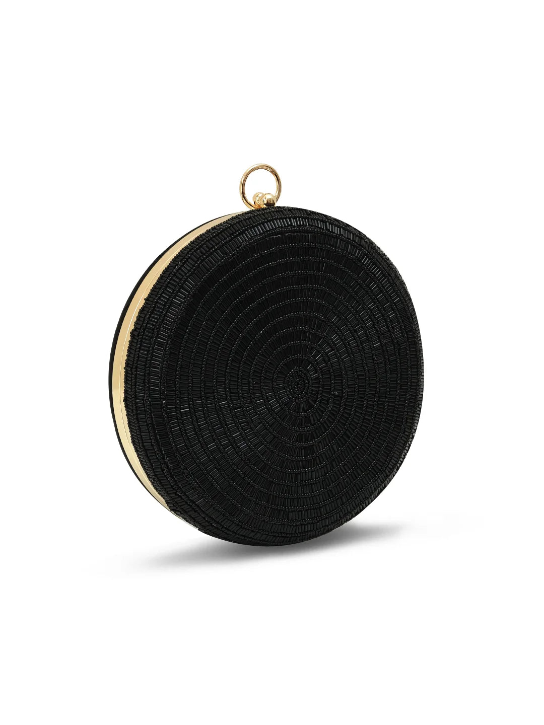 Black round clutch with gold trim on a white background