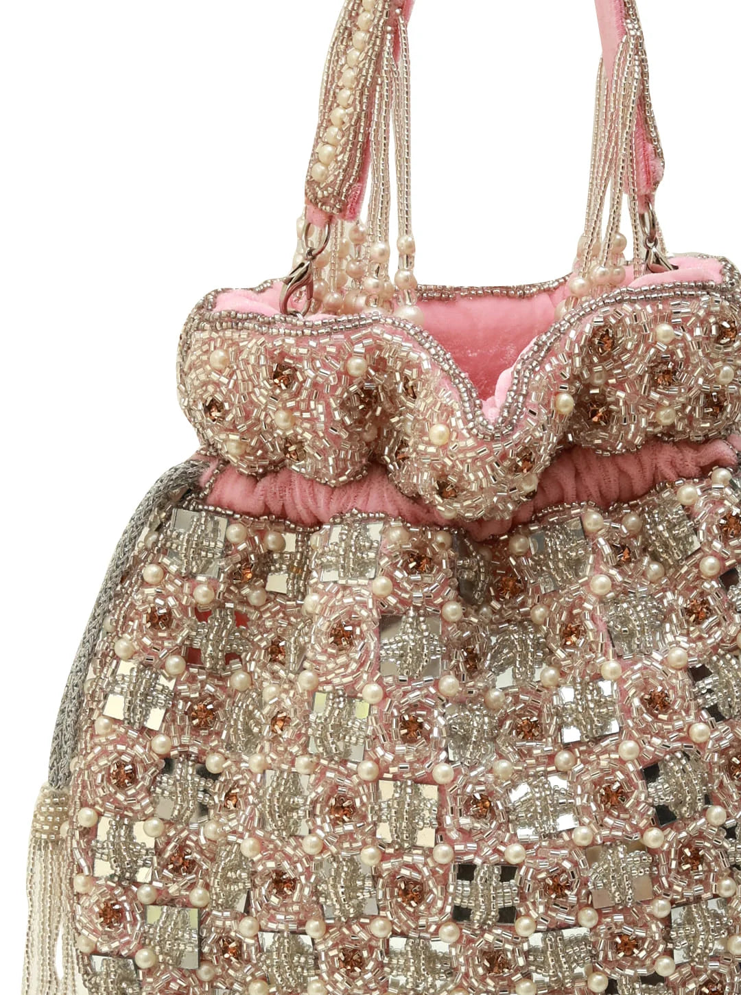 Decorative handbag with intricate beadwork and pink interior on a white background