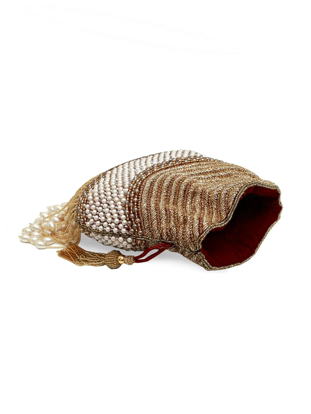 Decorative mesh bag with tassels on a white background
