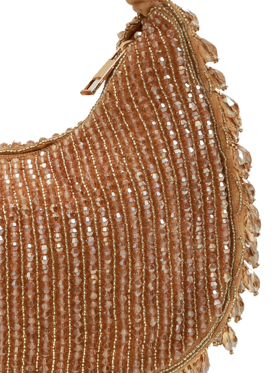 Close-up of a beaded handbag with intricate detailing on a white background