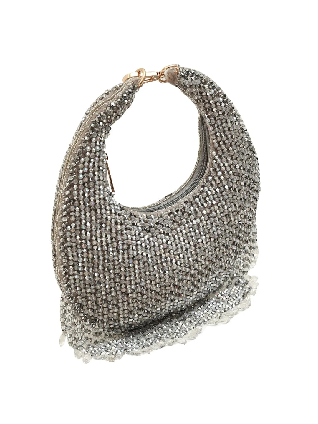 Silver beaded handbag on a white background