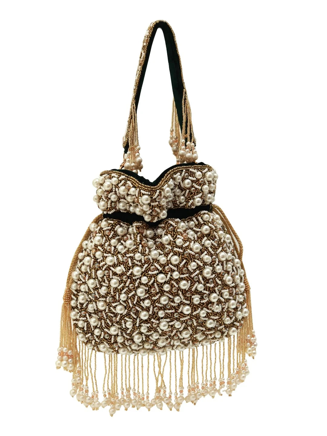 Decorative handbag with pearls and fringes on a white background