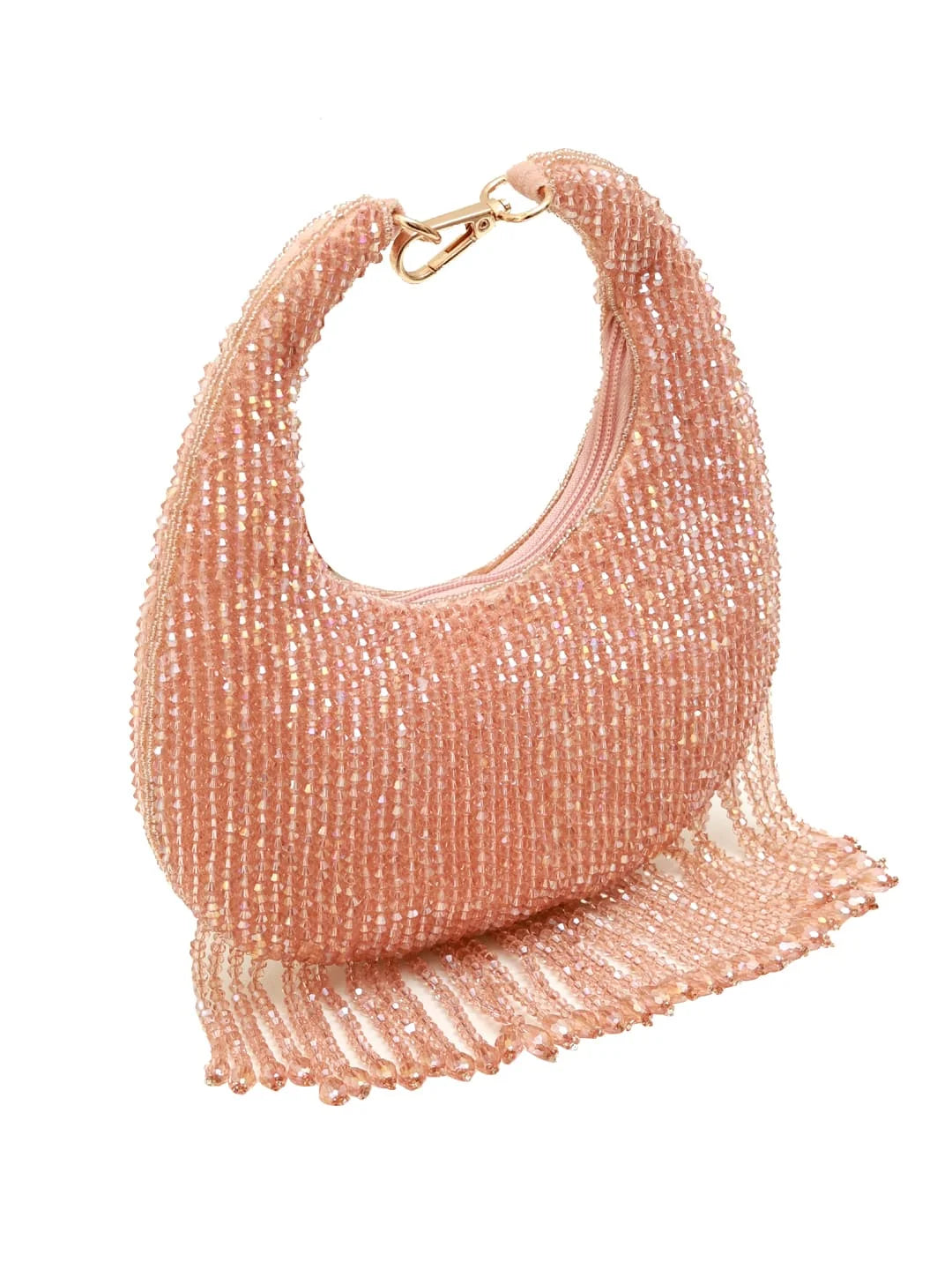 Pink beaded handbag with fringe on a white background