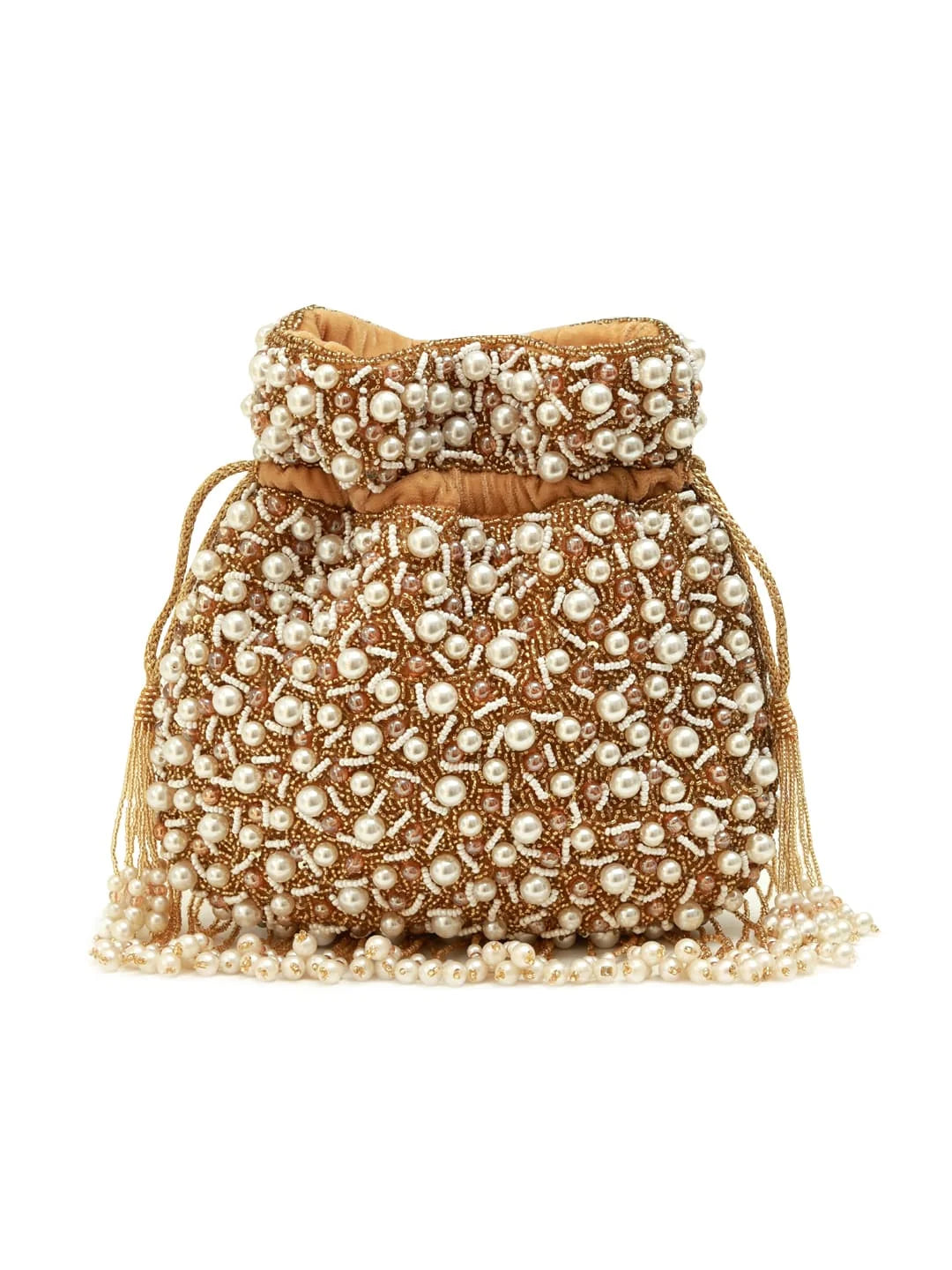 Beaded handbag with gold and beige colors on a white background
