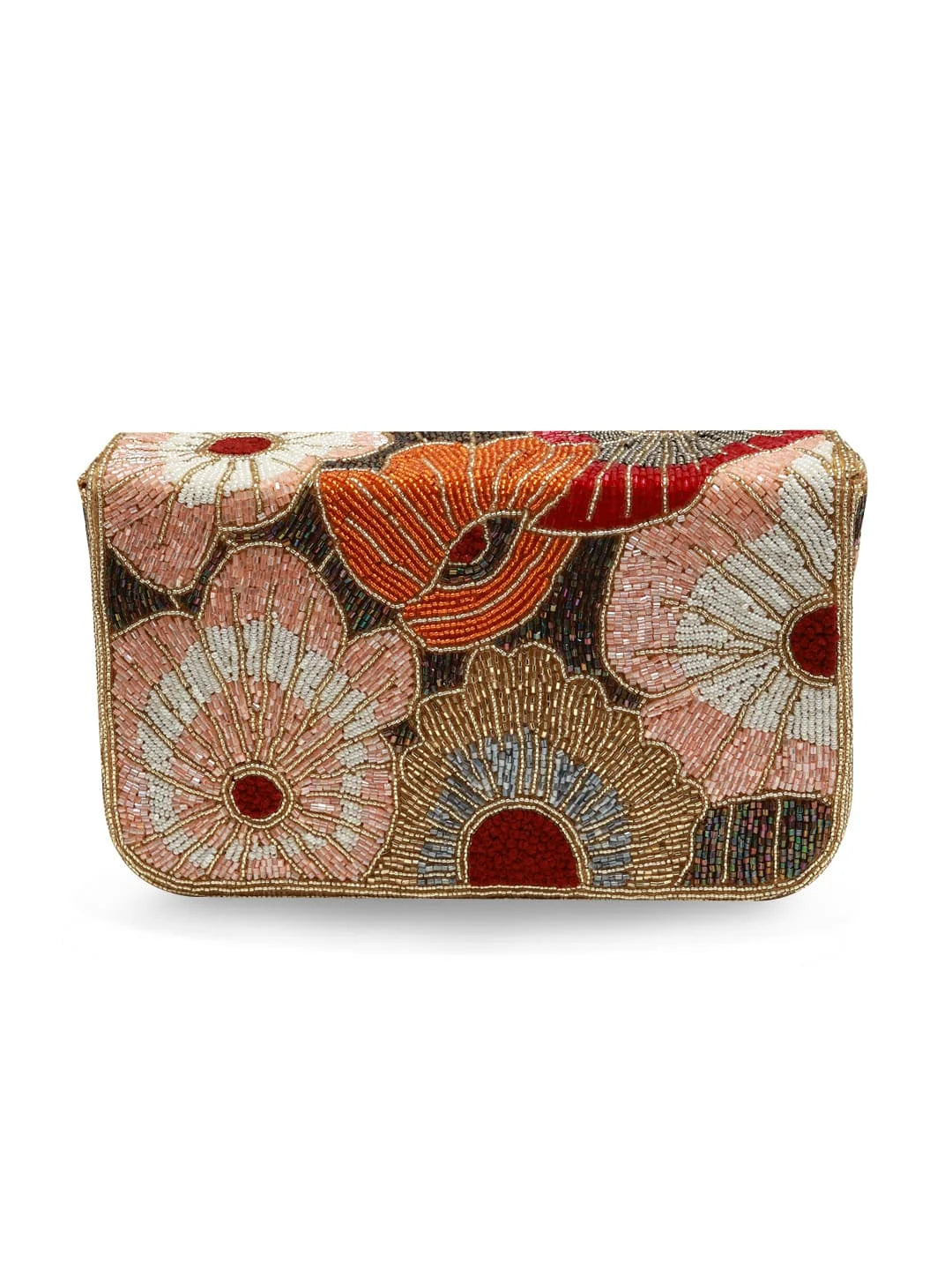 Floral patterned clutch bag on a white background