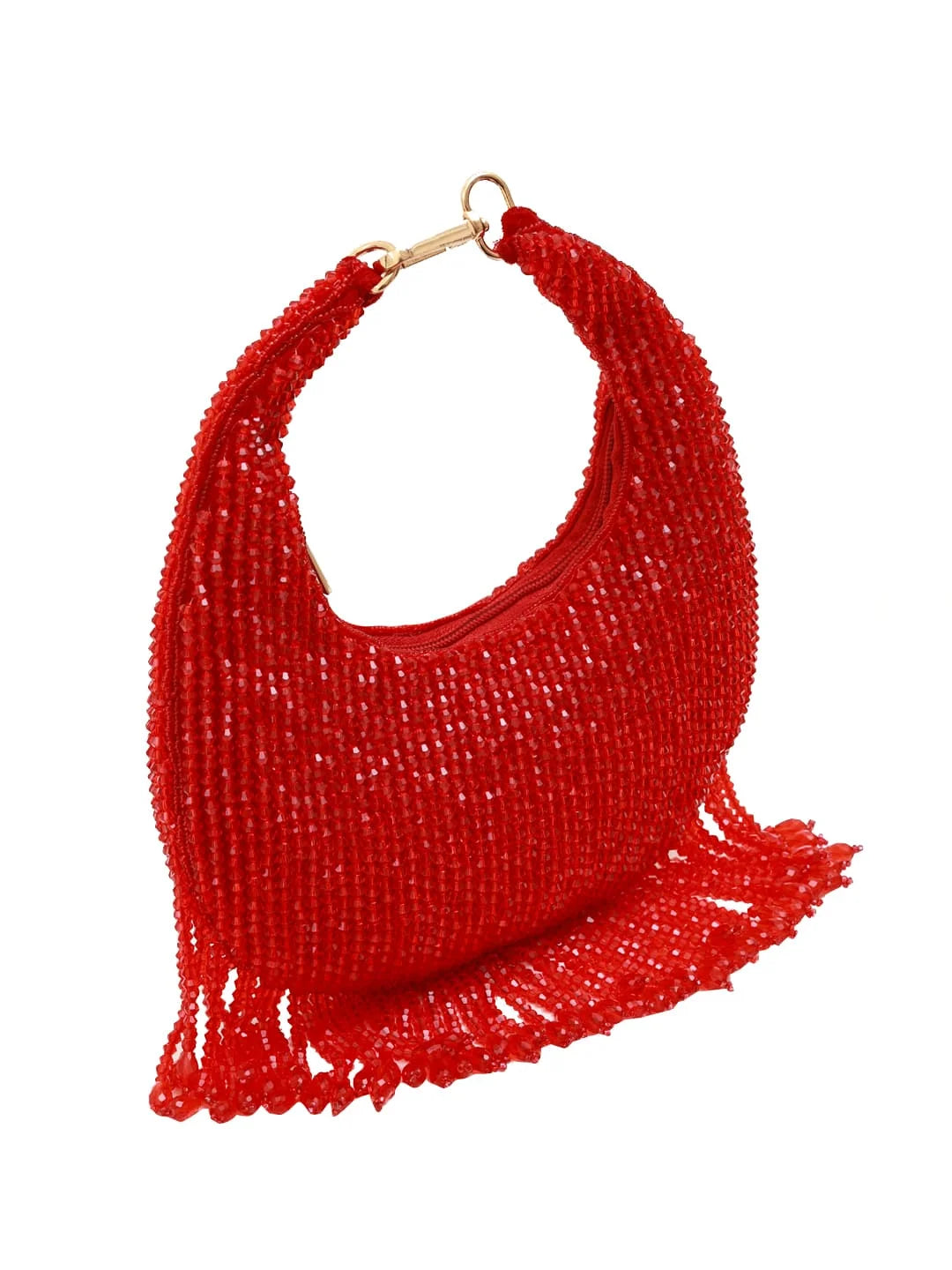 Red beaded handbag with tassels on a white background