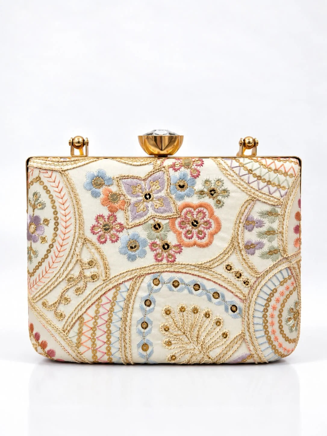 Resham casket embroidered clutch purse with intricate design, crafted by THE TAN CLAN, showcasing detailed embroidery and elegant style.