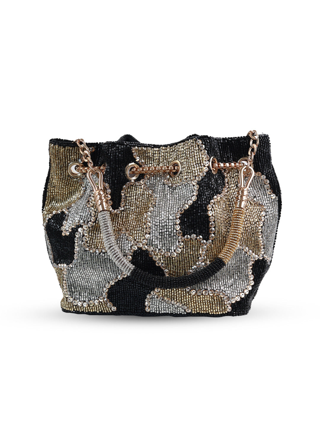 Black Terra bucket bag by The Tan Clan, stylish potli bag with intricate design and drawstring closure, perfect for evening outings.