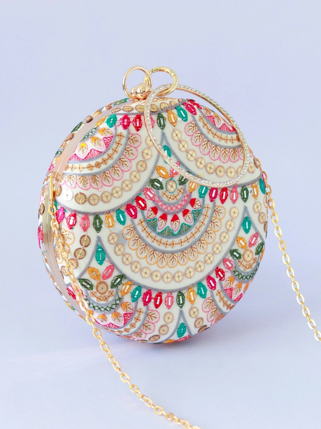 Multicolour embroidered clutch bag by The Tan Clan featuring intricate threadwork and a stylish, compact design.