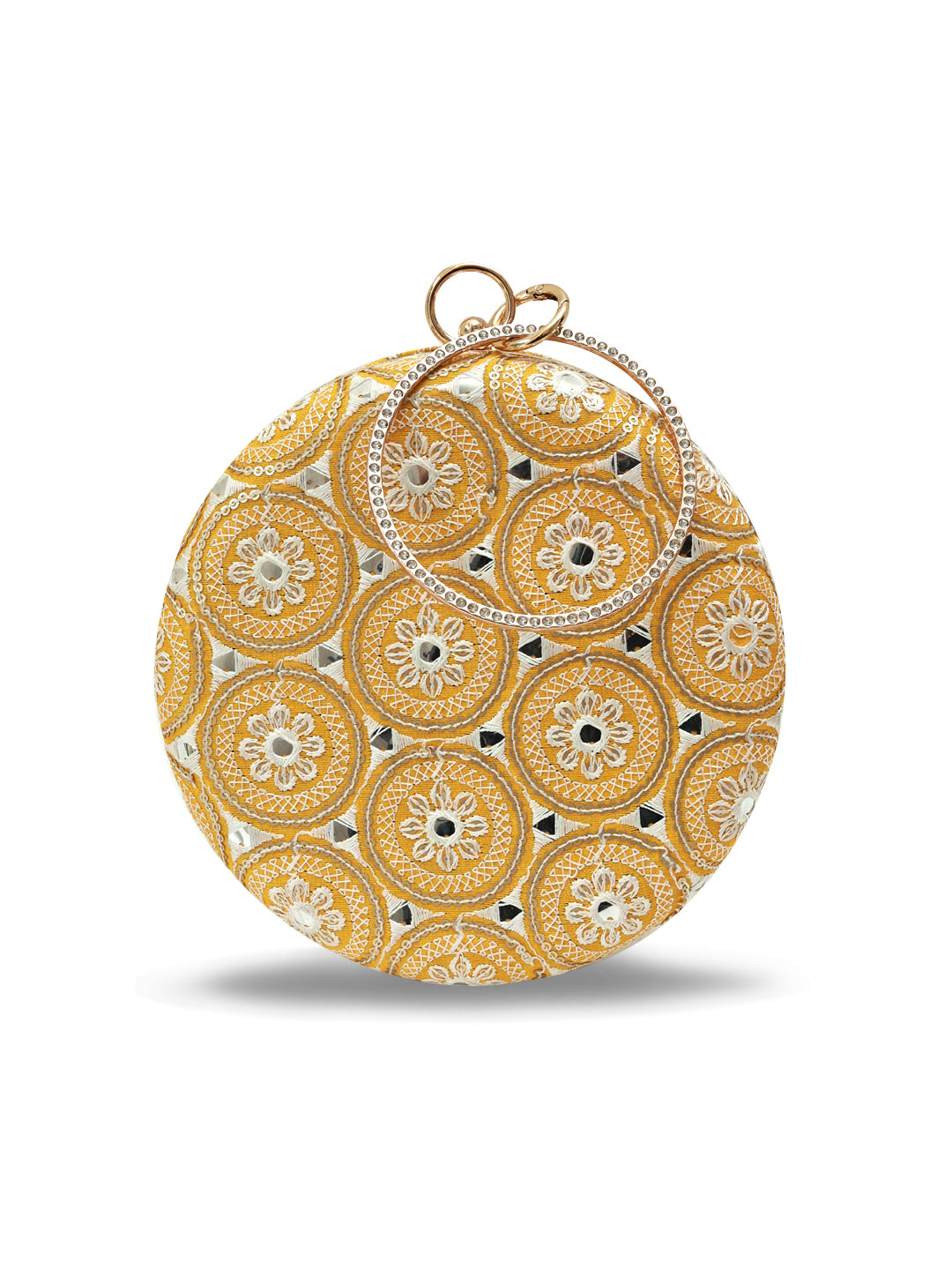 Yellow round clutch bag by The Tan Clan featuring a sleek design and compact size, perfect for evening events.