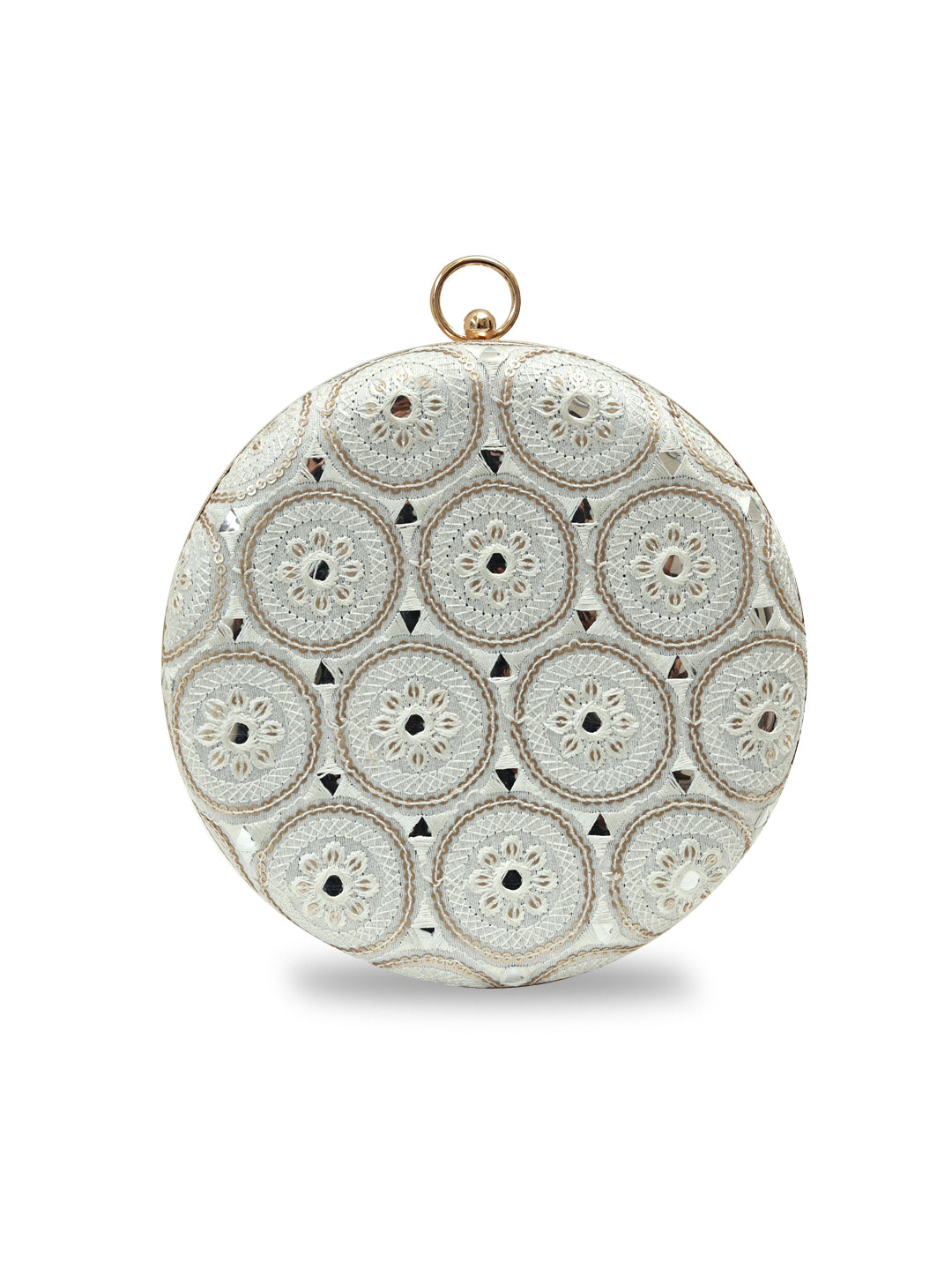 White round clutch bag by The Tan Clan with a smooth surface and compact design, perfect for evening accessories.