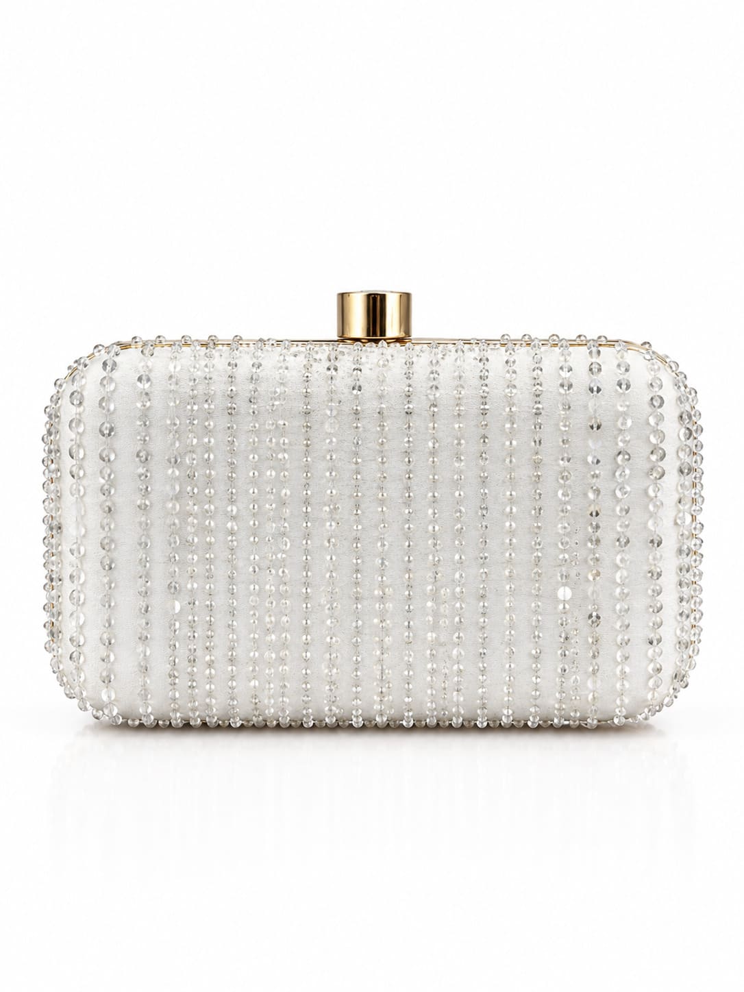 Silver embroidered box clutch by THE TAN CLAN with intricate embellishments and a sleek, compact design.