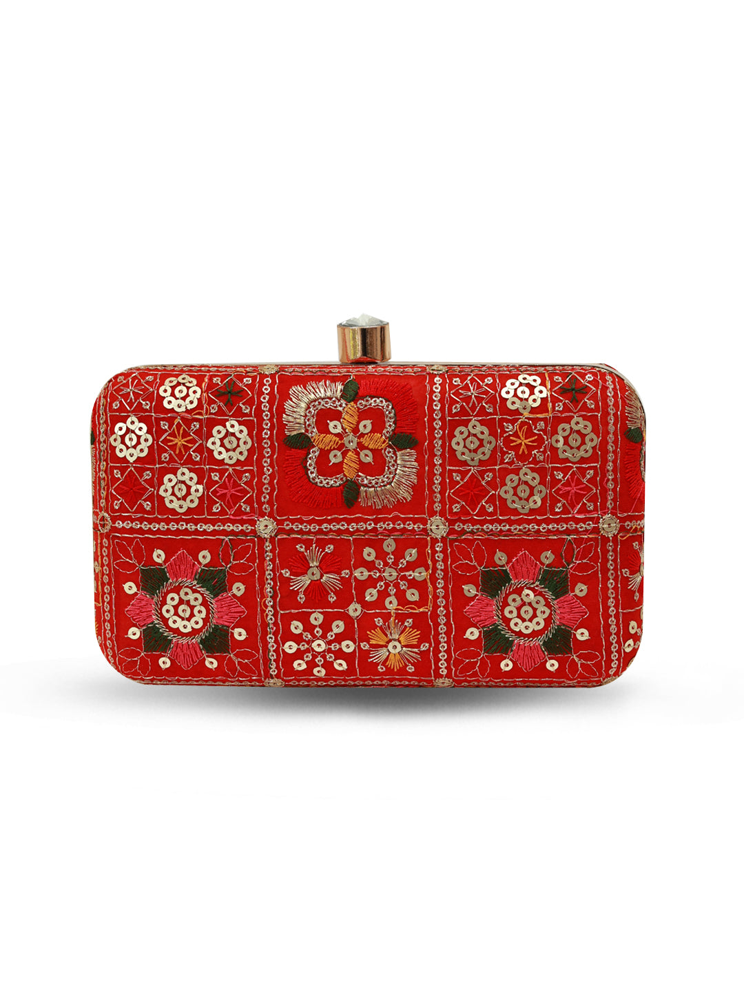 Red box clutch bag from The Tan Clan's Elora collection, featuring a sleek rectangular design and elegant finish.