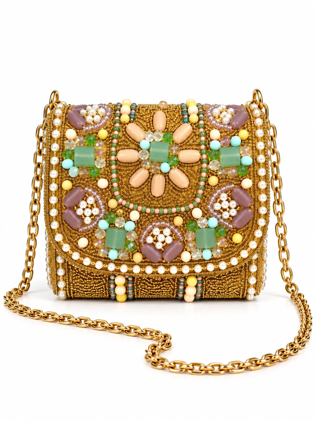 Gold hand-embroidered mini flap purse by THE TAN CLAN with intricate embroidery and compact design.