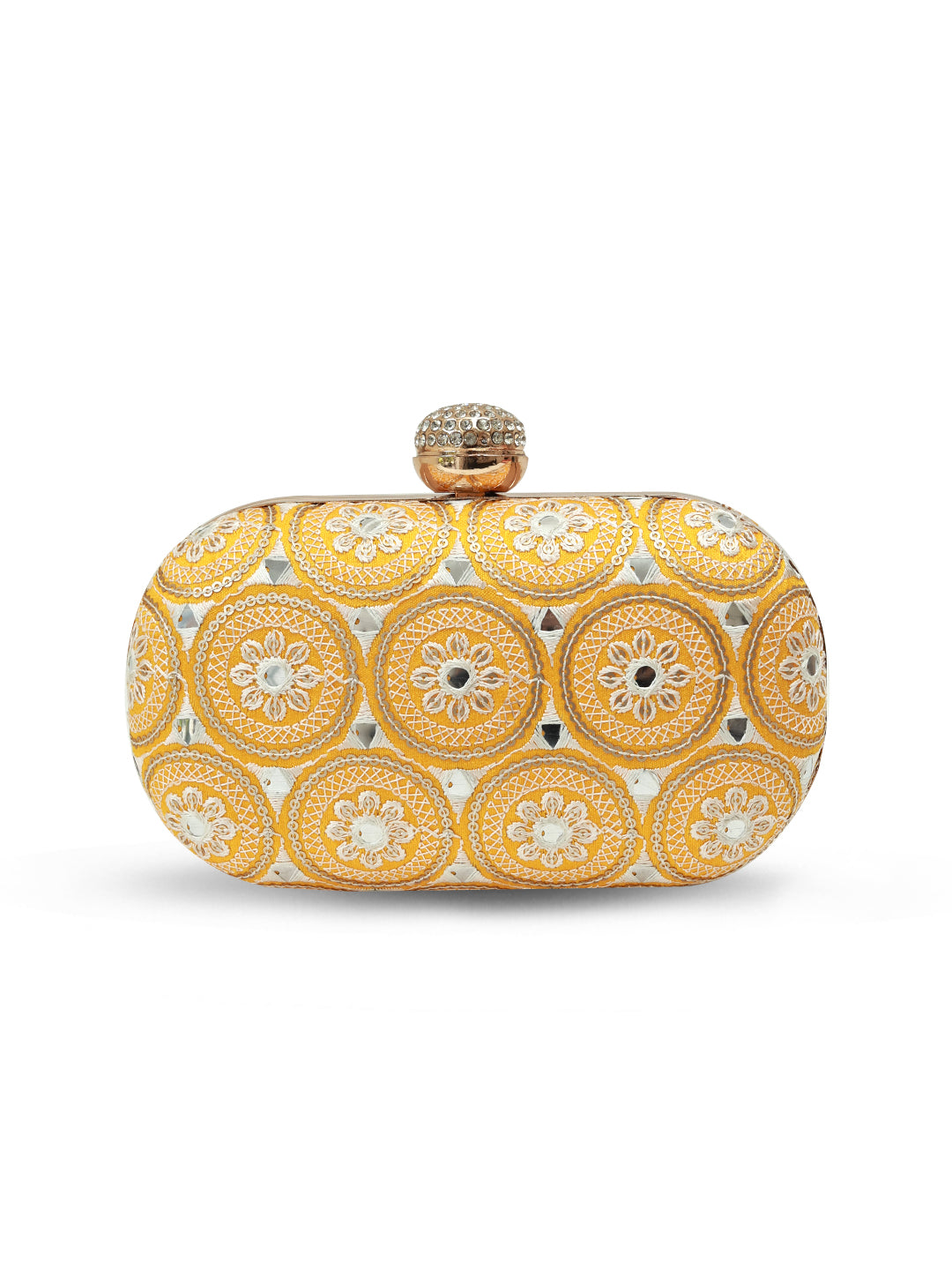 Yellow oval clutch bag by The Tan Clan with a smooth leather finish and subtle stitching details.