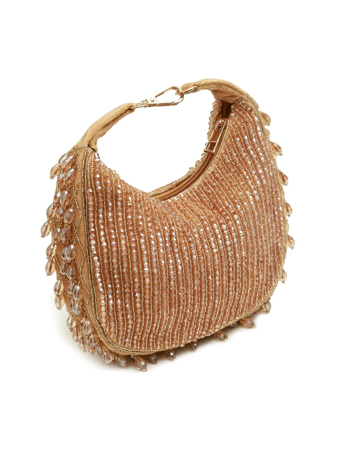 Gold beaded handbag on a white background